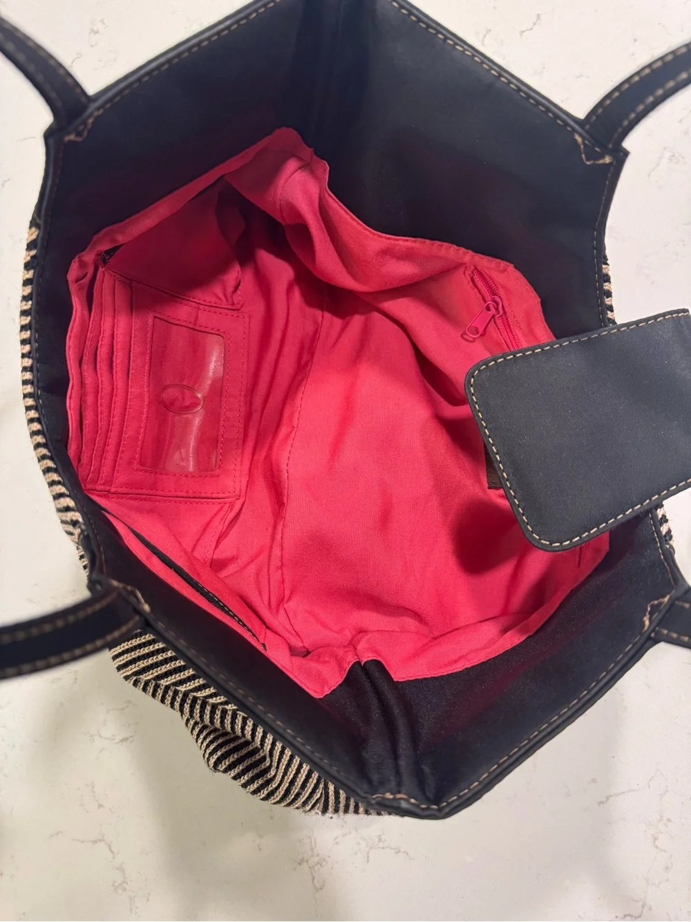 The Sak Striped Tote with Bright Pink Interior and Black Trim